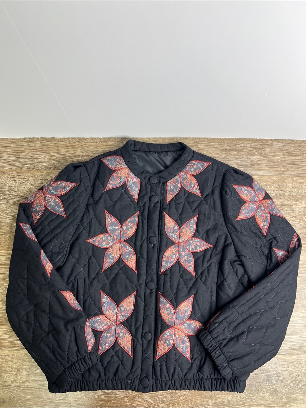 Vintage Inspired Floral Quilted Jacket Coat Black & Rust Button Front Size M